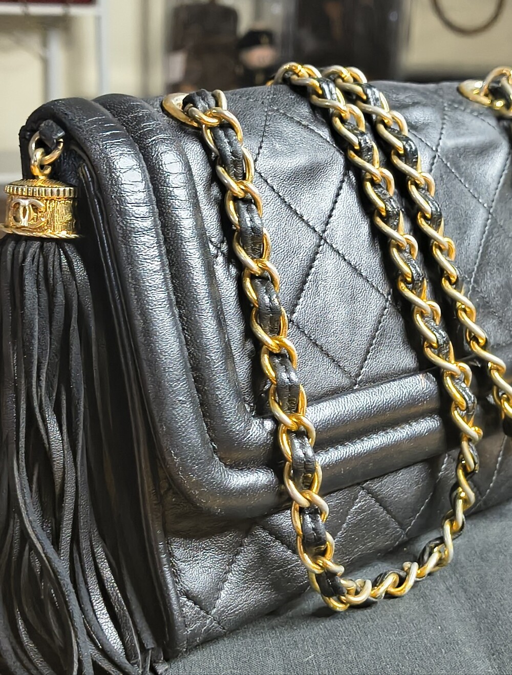 CHANEL Black Lambskin Quilted Flap Bag Tassel Chain W/ Sticker In Tact Vintage